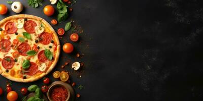 Tasty Italian pizza close-up. View from above. Place for text. Generative AI photo