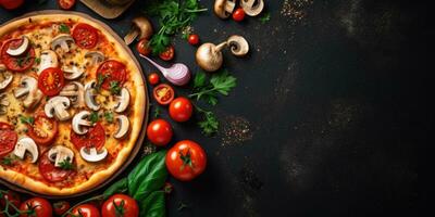 Tasty Italian pizza close-up. View from above. Place for text. Generative AI photo