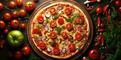 Tasty Italian pizza close-up. View from above. Generative AI photo