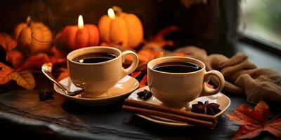 Photo of fragrant coffee on a table with pumpkins and decorations for the holiday of Halloween. Generative AI