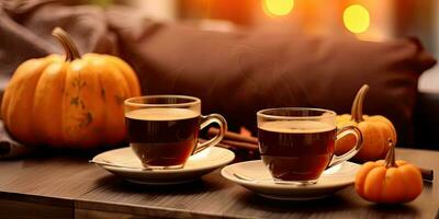 Photo of fragrant coffee on a table with pumpkins and decorations for the holiday of Halloween. Generative AI