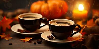 Photo of fragrant coffee on a table with pumpkins and decorations for the holiday of Halloween. Generative AI