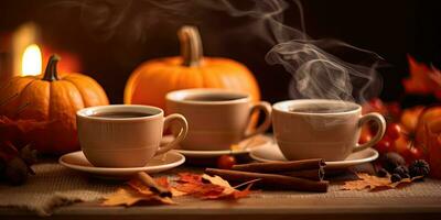 Photo of fragrant coffee on a table with pumpkins and decorations for the holiday of Halloween. Generative AI