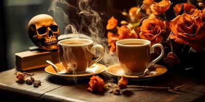Photo of fragrant coffee on a table with pumpkins and decorations for the holiday of Halloween. Generative AI