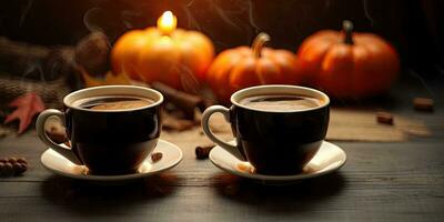 Photo of fragrant coffee on a table with pumpkins and decorations for the holiday of Halloween. Generative AI