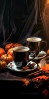 Photo of fragrant coffee on a table with pumpkins and decorations for the holiday of Halloween. Generative AI