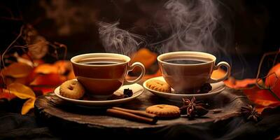 Photo of fragrant coffee on a table with pumpkins and decorations for the holiday of Halloween. Generative AI