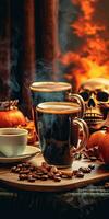 Photo of fragrant coffee on a table with pumpkins and decorations for the holiday of Halloween. Generative AI