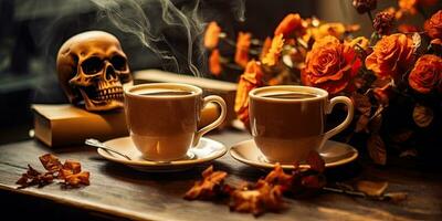 Photo of fragrant coffee on a table with pumpkins and decorations for the holiday of Halloween. Generative AI