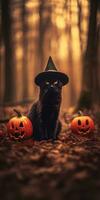 Kitten in a witch's hat in the autumn forest. Place for text. Generative AI photo