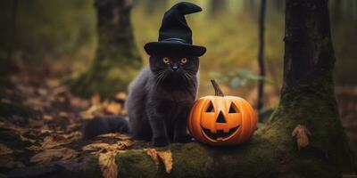 Kitten in a witch's hat in the autumn forest. Place for text. Generative AI photo