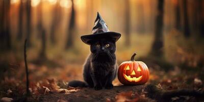 Kitten in a witch's hat in the autumn forest. Place for text. Generative AI photo