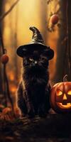 Kitten in a witch's hat in the autumn forest. Place for text. Generative AI photo