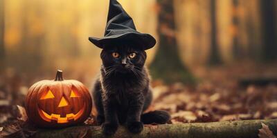 Kitten in a witch's hat in the autumn forest. Place for text. Generative AI photo