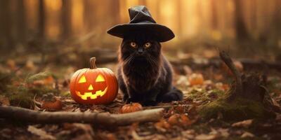 Kitten in a witch's hat in the autumn forest. Place for text. Generative AI photo