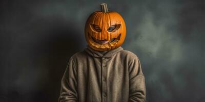 Halloween pumpkin on a man's head. Dark background. Halloween theme. Generative AI photo