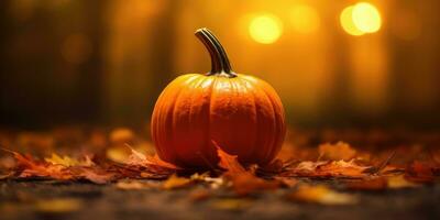 Pumpkin on a horizontal image with space for text. Photo on the theme of Halloween. Generative AI