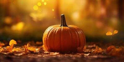 Pumpkin on a horizontal image with space for text. Photo on the theme of Halloween. Generative AI