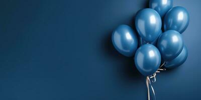 Dark blue balloons on a blue background, with space for text. The banner is dark blue. Generative AI photo