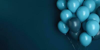 Dark blue balloons on a blue background, with space for text. The banner is dark blue. Generative AI photo