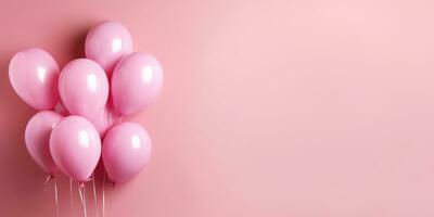 Pink balloons on a pink background, with space for text. Banner pink. Generative AI photo