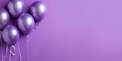 Purple balloons on a purple background, with space for text. Purple banner. Generative AI photo