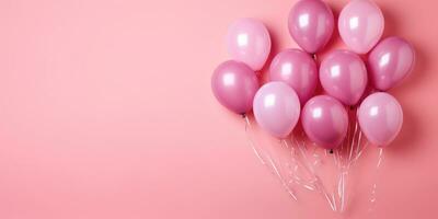 Pink balloons on a pink background, with space for text. Banner pink. Generative AI photo