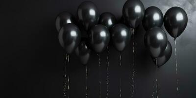 black balloons on a black background, with space for text. The banner is black. Generative AI photo