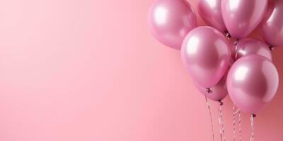 Pink balloons on a pink background, with space for text. Banner pink. Generative AI photo