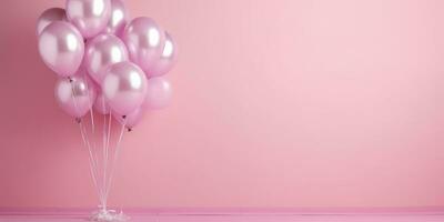 Pink balloons on a pink background, with space for text. Banner pink. Generative AI photo