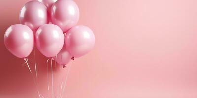 Pink balloons on a pink background, with space for text. Banner pink. Generative AI photo