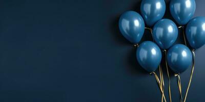 Dark blue balloons on a blue background, with space for text. The banner is dark blue. Generative AI photo