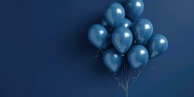 Dark blue balloons on a blue background, with space for text. The banner is dark blue. Generative AI photo