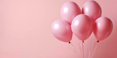 Pink balloons on a pink background, with space for text. Banner pink. Generative AI photo