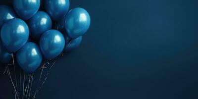 Dark blue balloons on a blue background, with space for text. The banner is dark blue. Generative AI photo