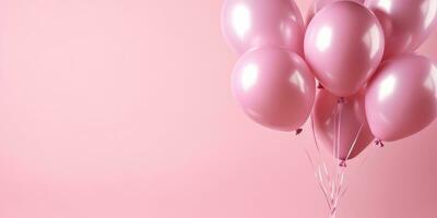 Pink balloons on a pink background, with space for text. Banner pink. Generative AI photo