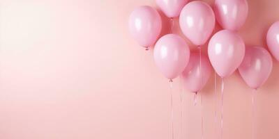 Pink balloons on a pink background, with space for text. Banner pink. Generative AI photo