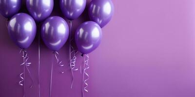 Purple balloons on a purple background, with space for text. Purple banner. Generative AI photo