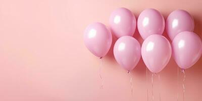 Pink balloons on a pink background, with space for text. Banner pink. Generative AI photo