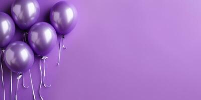 Purple balloons on a purple background, with space for text. Purple banner. Generative AI photo