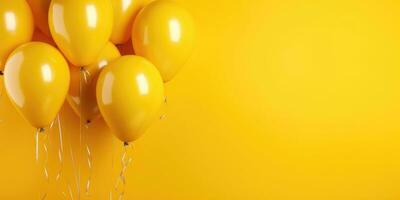 Bright yellow balloons on a yellow background, with a place for text. The banner is yellow. Generative AI photo