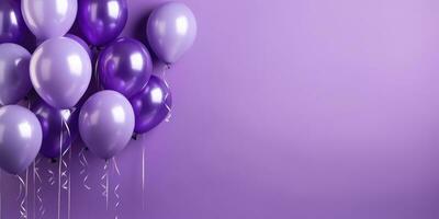 Purple balloons on a purple background, with space for text. Purple banner. Generative AI photo