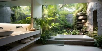 Modern bathroom with palm and tropical views. Generative AI photo