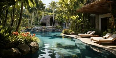 hermosa al aire libre piscina en el zona tropical. relajarse. generativo ai foto