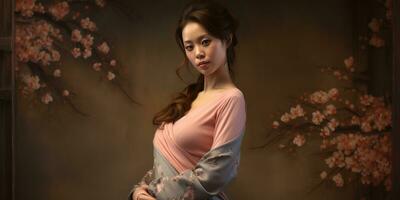 Pregnant beautiful Asian girl close-up. Generative AI photo