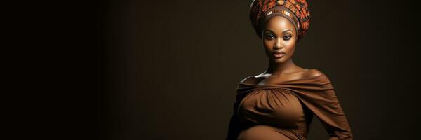 Pregnant beautiful African woman on dark background, banner. Generative AI photo