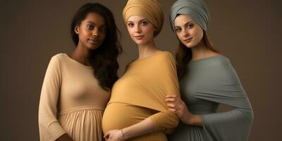 beautiful pregnant girls of different nationalities. Generative AI photo