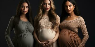 Three pregnant girls of different nationalities, close-up. Generative AI photo