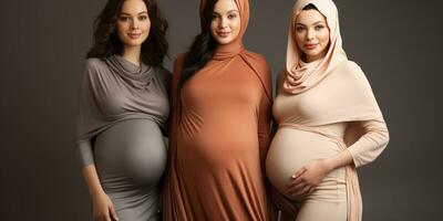 Three beautiful pregnant girls of different nationalities. Generative AI photo