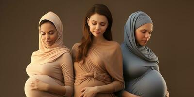 Three beautiful pregnant girls of different nationalities. Generative AI photo